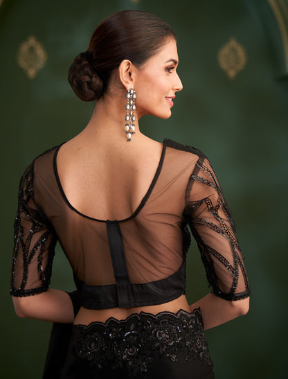 Jet Black Sartin Georgette Party Wear Designer Saree