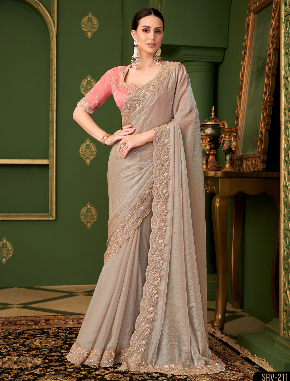 Chikoo Sartin Georgette Silk Party Wear Designer Saree