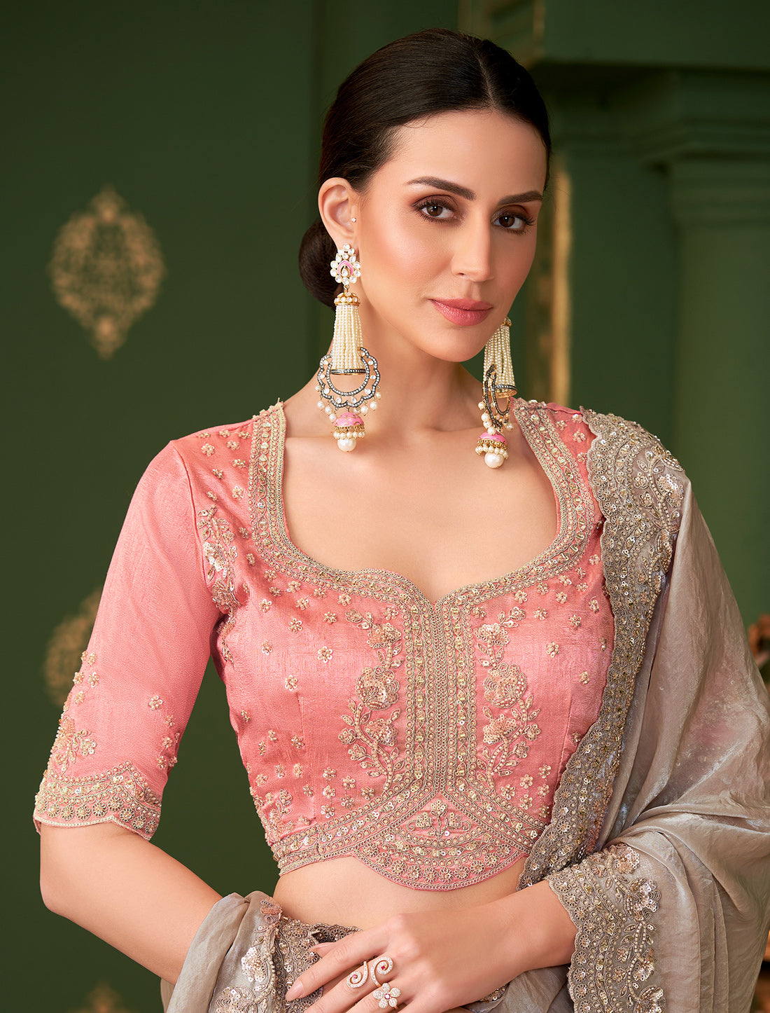 Chikoo Sartin Georgette Silk Party Wear Designer Saree