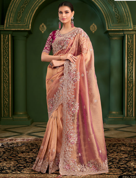 Peach Georgette Party Wear Designer Saree Tussar Silk Blouse