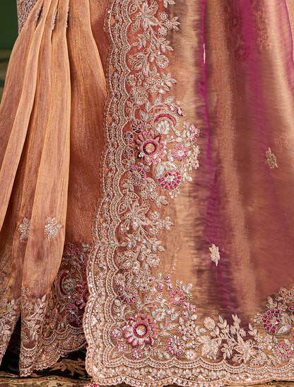Peach Georgette Party Wear Designer Saree Tussar Silk Blouse