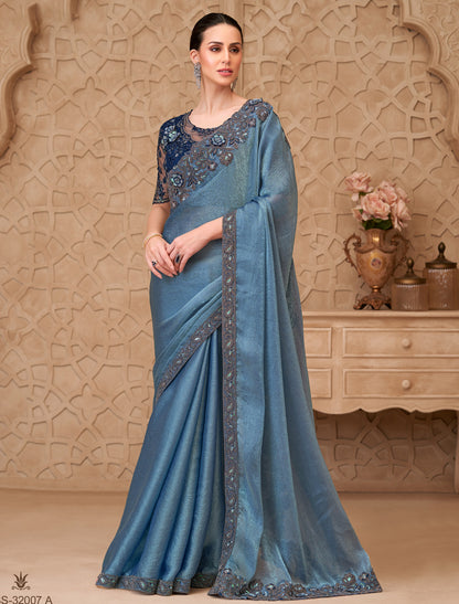 Steel Blue Metal Sartin Crush Georgette Party Wear Saree
