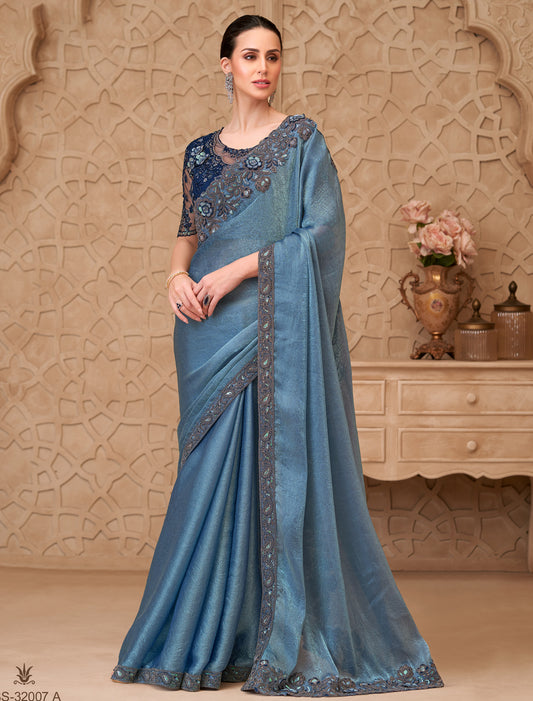 Steel Blue Metal Sartin Crush Georgette Party Wear Saree