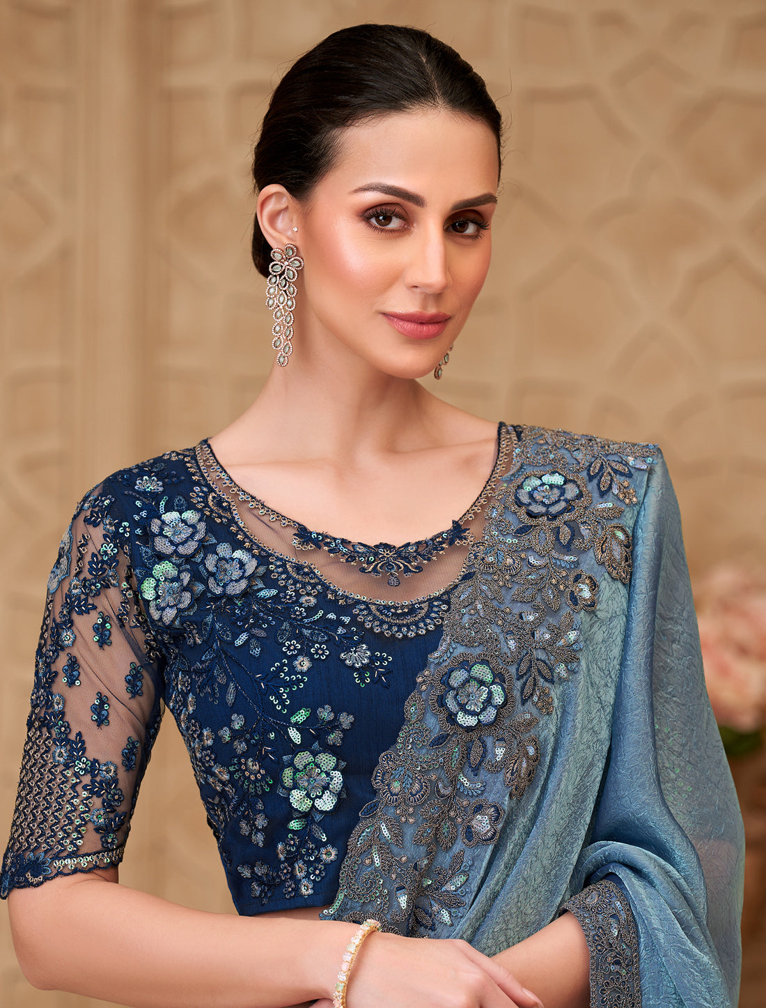 Steel Blue Metal Sartin Crush Georgette Party Wear Saree