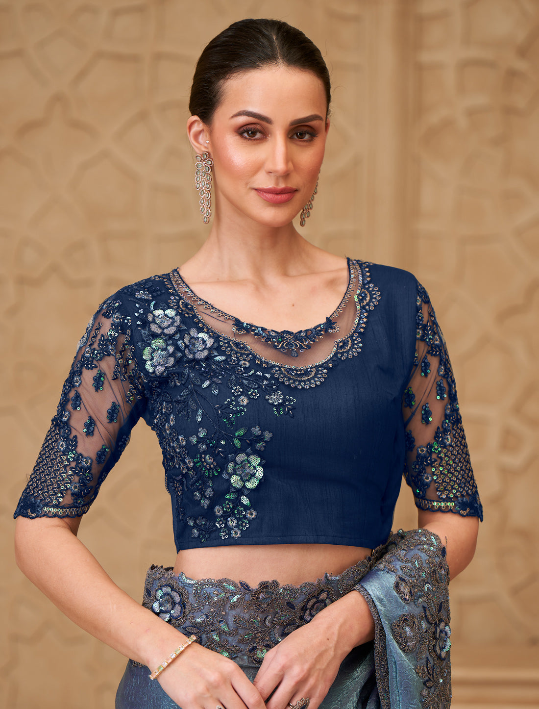 Steel Blue Metal Sartin Crush Georgette Party Wear Saree