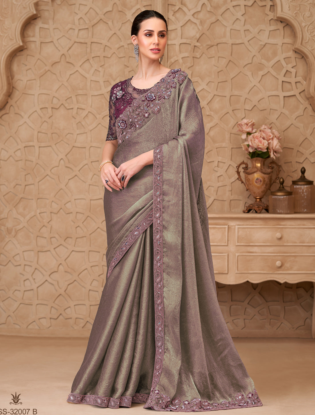 Elegant Olive Brown Metal Satin Crush Georgette Party Wear Saree
