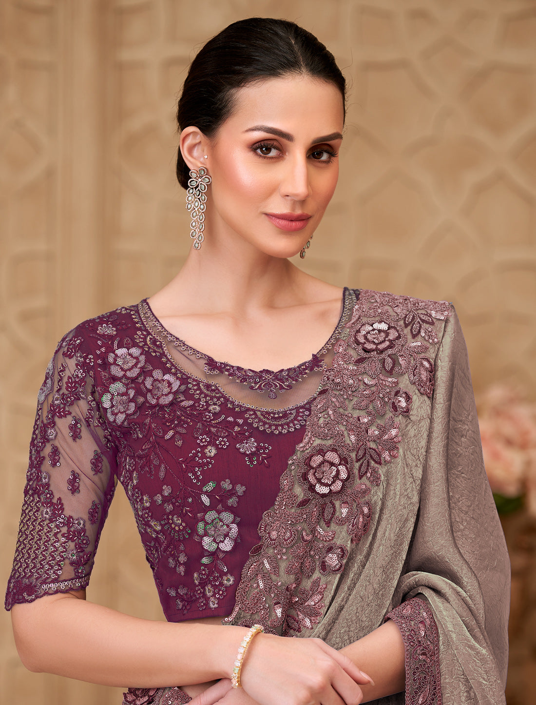 Elegant Olive Brown Metal Satin Crush Georgette Party Wear Saree