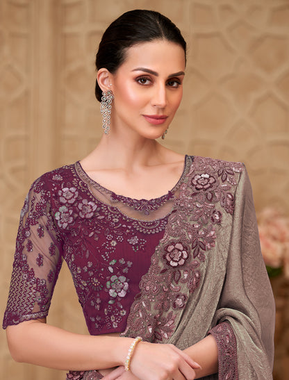 Elegant Olive Brown Metal Satin Crush Georgette Party Wear Saree