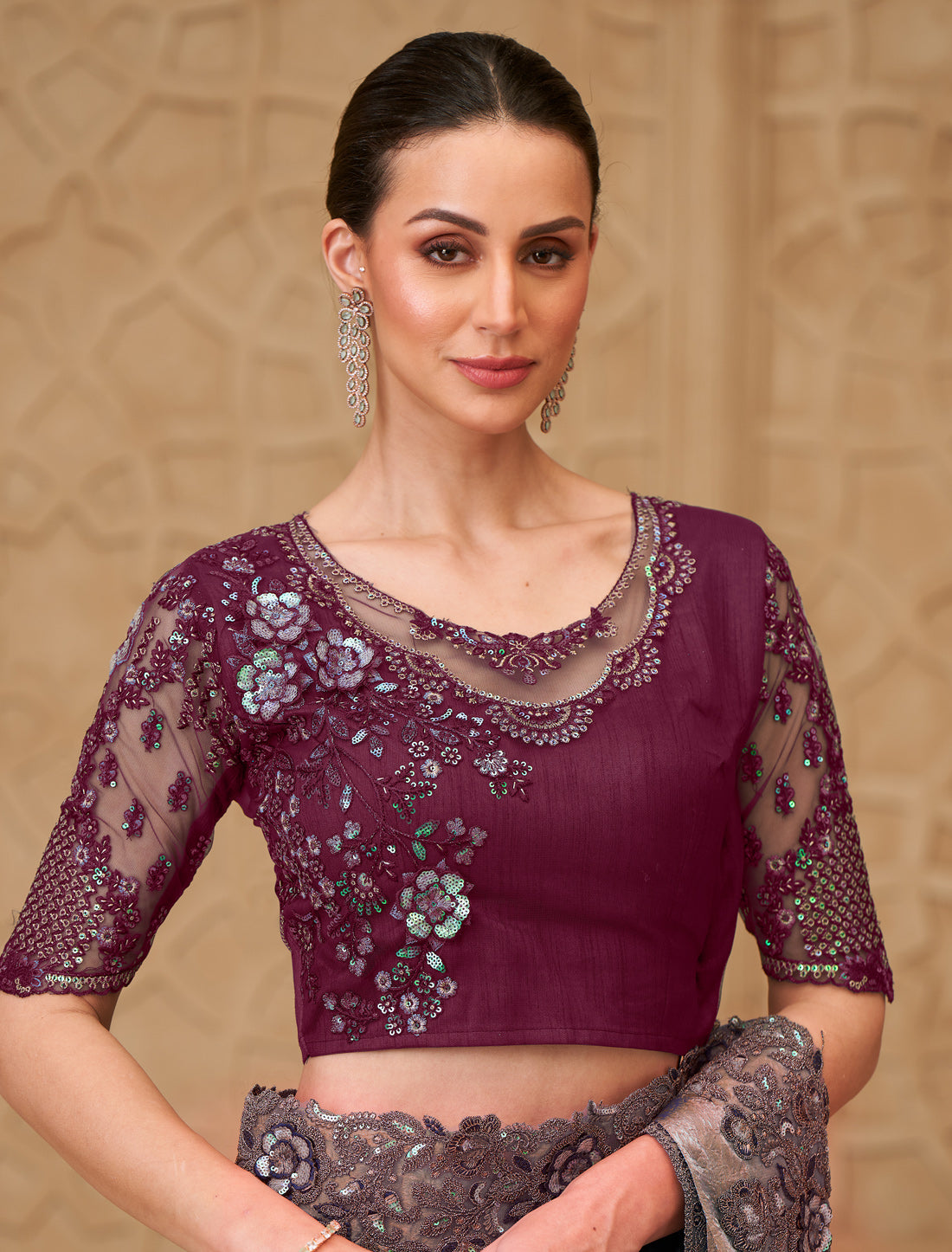 Elegant Olive Brown Metal Satin Crush Georgette Party Wear Saree
