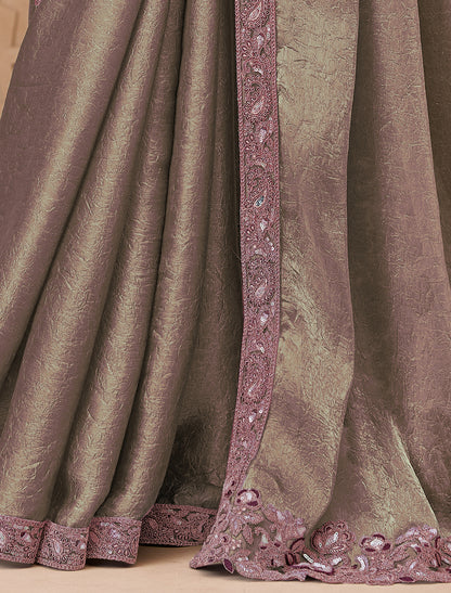 Elegant Olive Brown Metal Satin Crush Georgette Party Wear Saree