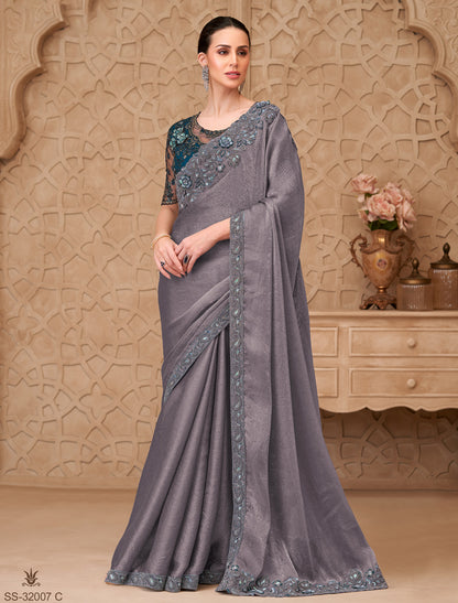 Elegant Charcoal Gray Metal Satin Crush Georgette Party Wear Saree