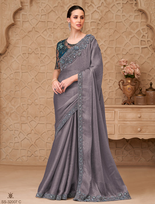 Elegant Charcoal Gray Metal Satin Crush Georgette Party Wear Saree
