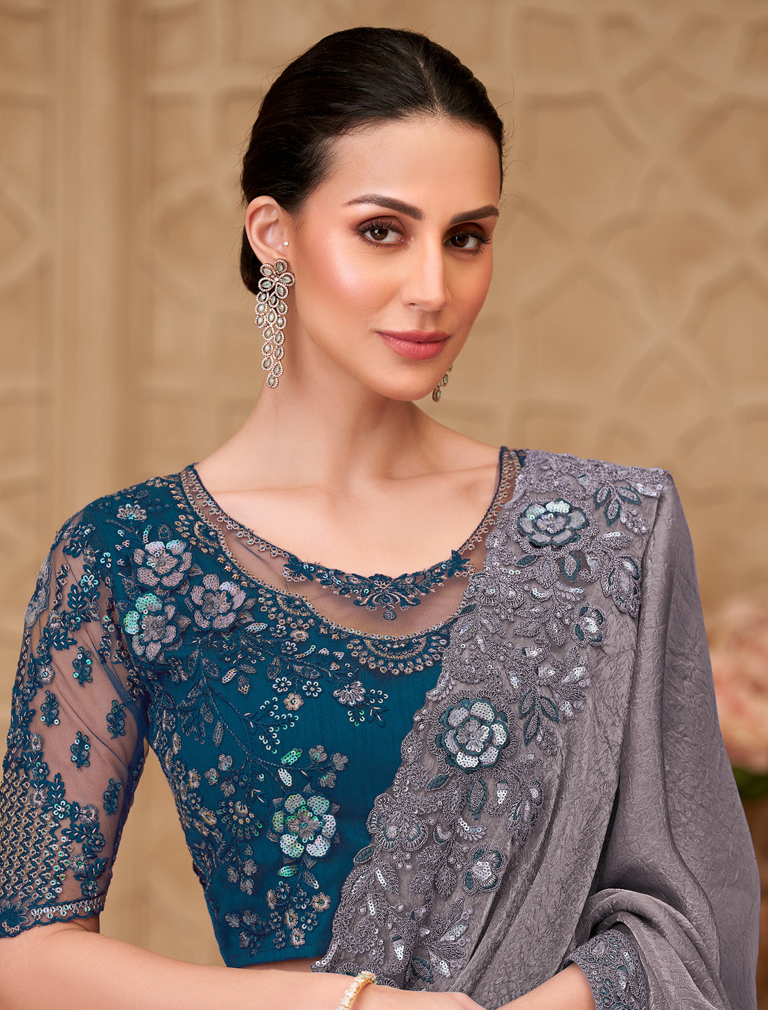 Elegant Charcoal Gray Metal Satin Crush Georgette Party Wear Saree