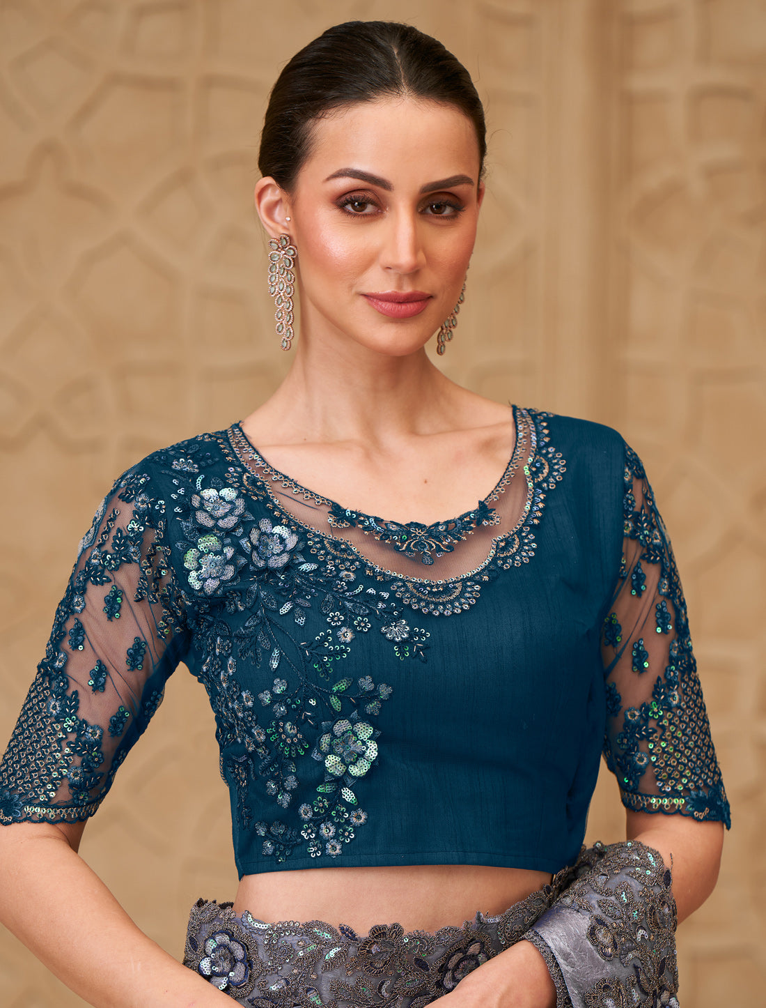 Elegant Charcoal Gray Metal Satin Crush Georgette Party Wear Saree
