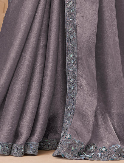 Elegant Charcoal Gray Metal Satin Crush Georgette Party Wear Saree