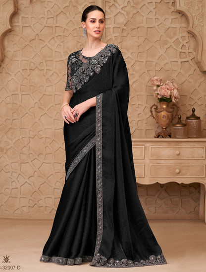 Stunning Jet Black Metal Satin Crush Georgette Party Wear Saree