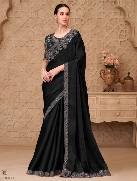 Stunning Jet Black Metal Satin Crush Georgette Party Wear Saree