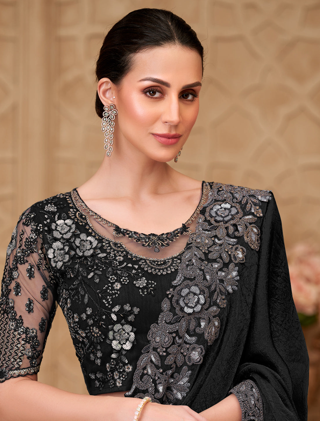 Stunning Jet Black Metal Satin Crush Georgette Party Wear Saree