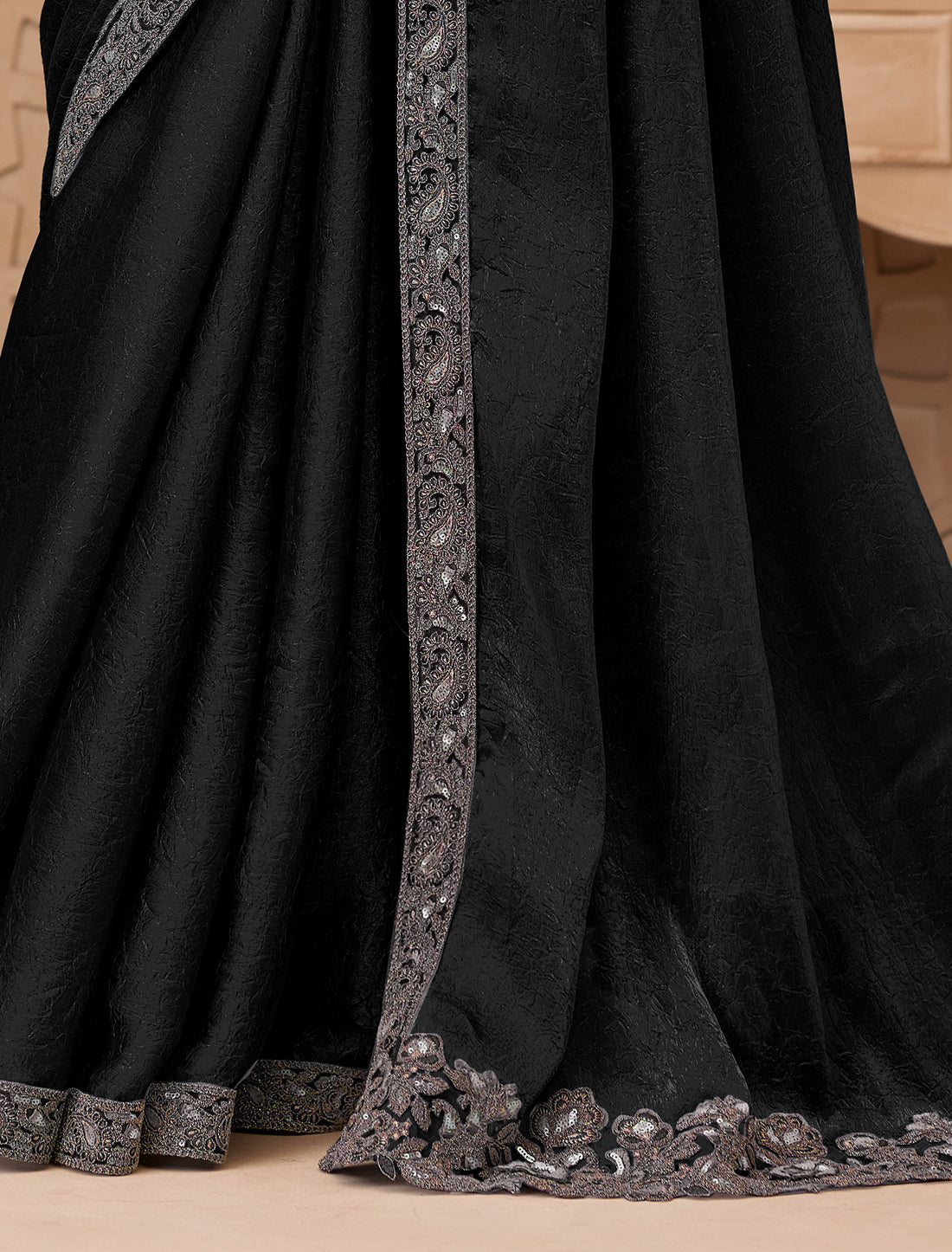 Stunning Jet Black Metal Satin Crush Georgette Party Wear Saree