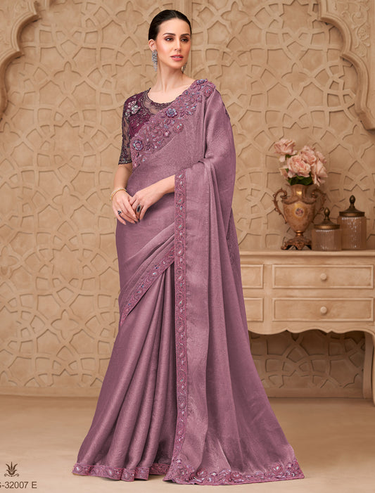 Dusty Rose Designer Metal Sartin Crush Georgette Party Wear Saree