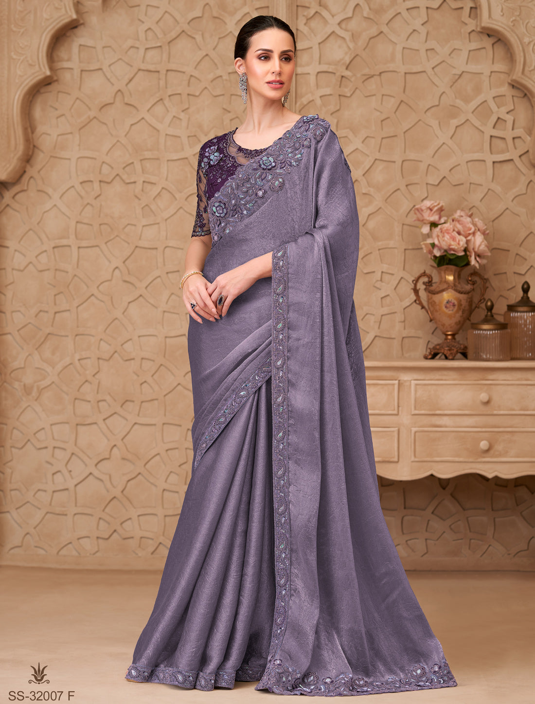 Elegant Muted Purple Designer Metal Sartin Crush Georgette Party Wear Saree