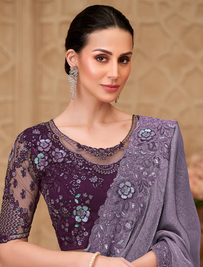 Elegant Muted Purple Designer Metal Sartin Crush Georgette Party Wear Saree