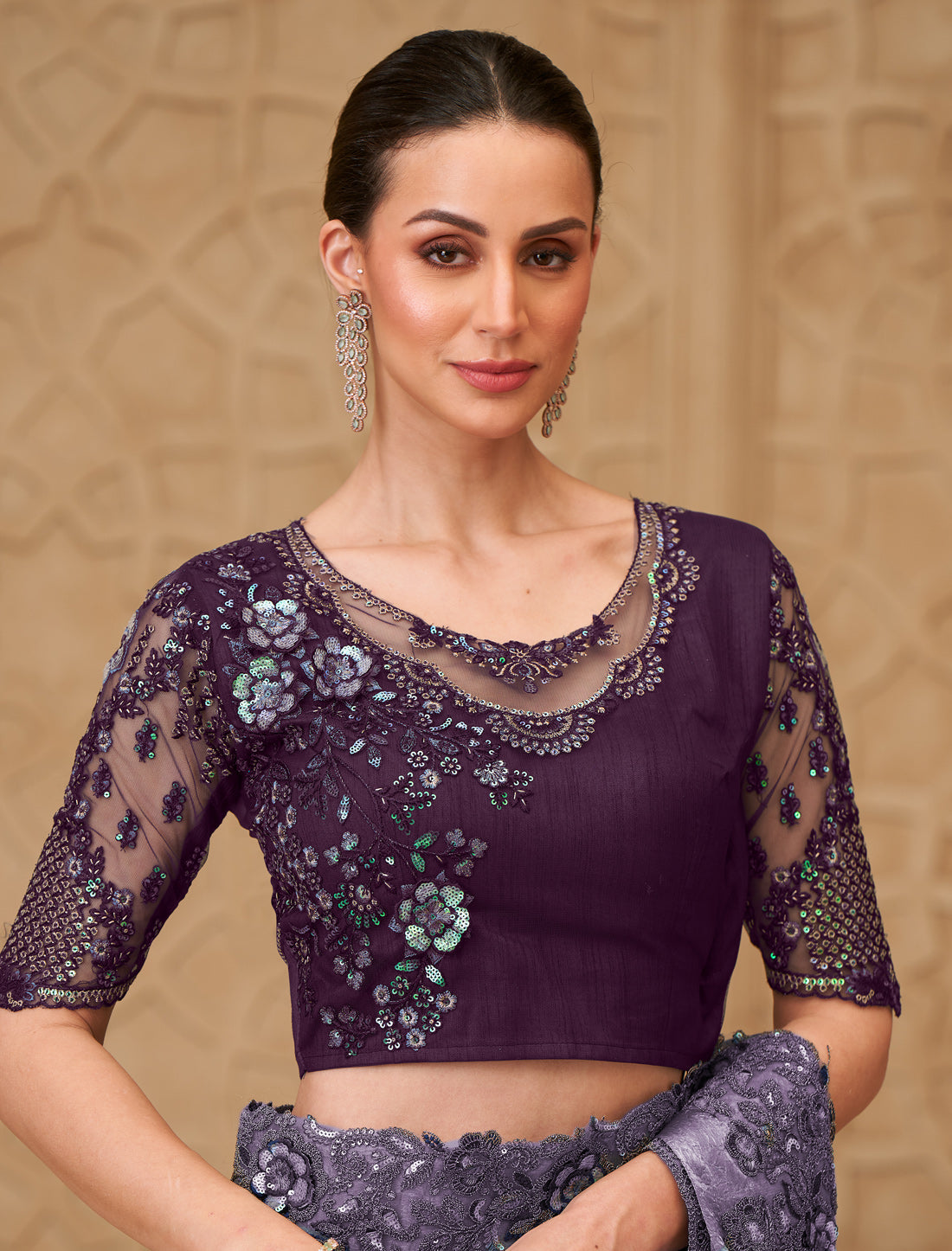 Elegant Muted Purple Designer Metal Sartin Crush Georgette Party Wear Saree