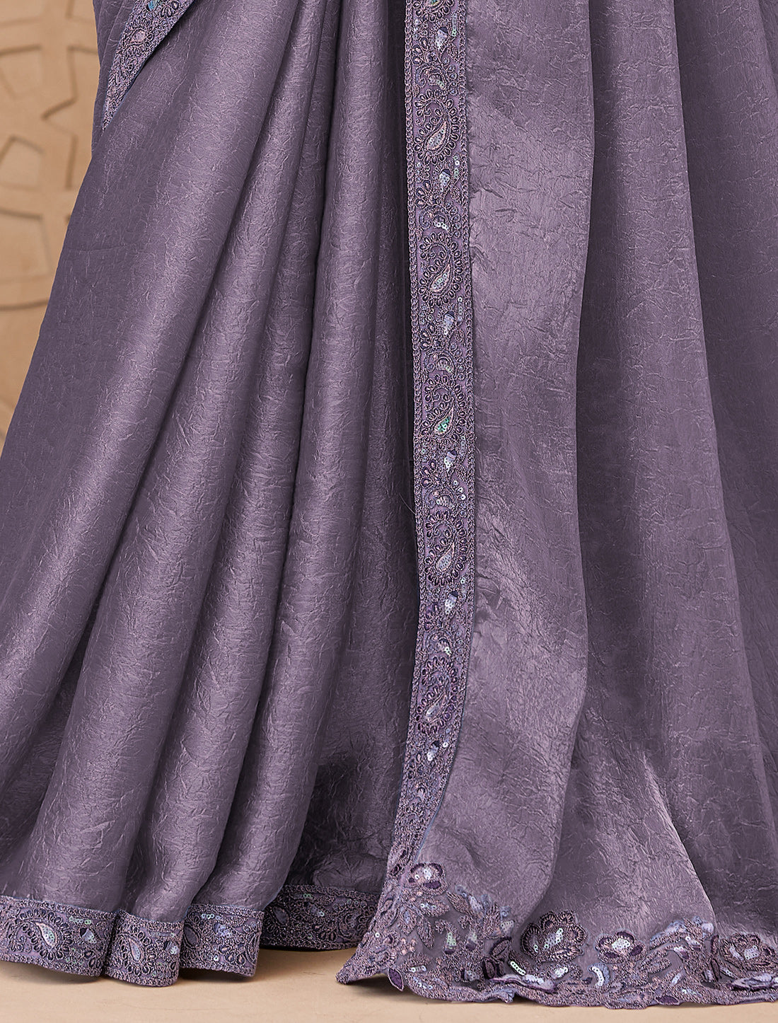 Elegant Muted Purple Designer Metal Sartin Crush Georgette Party Wear Saree