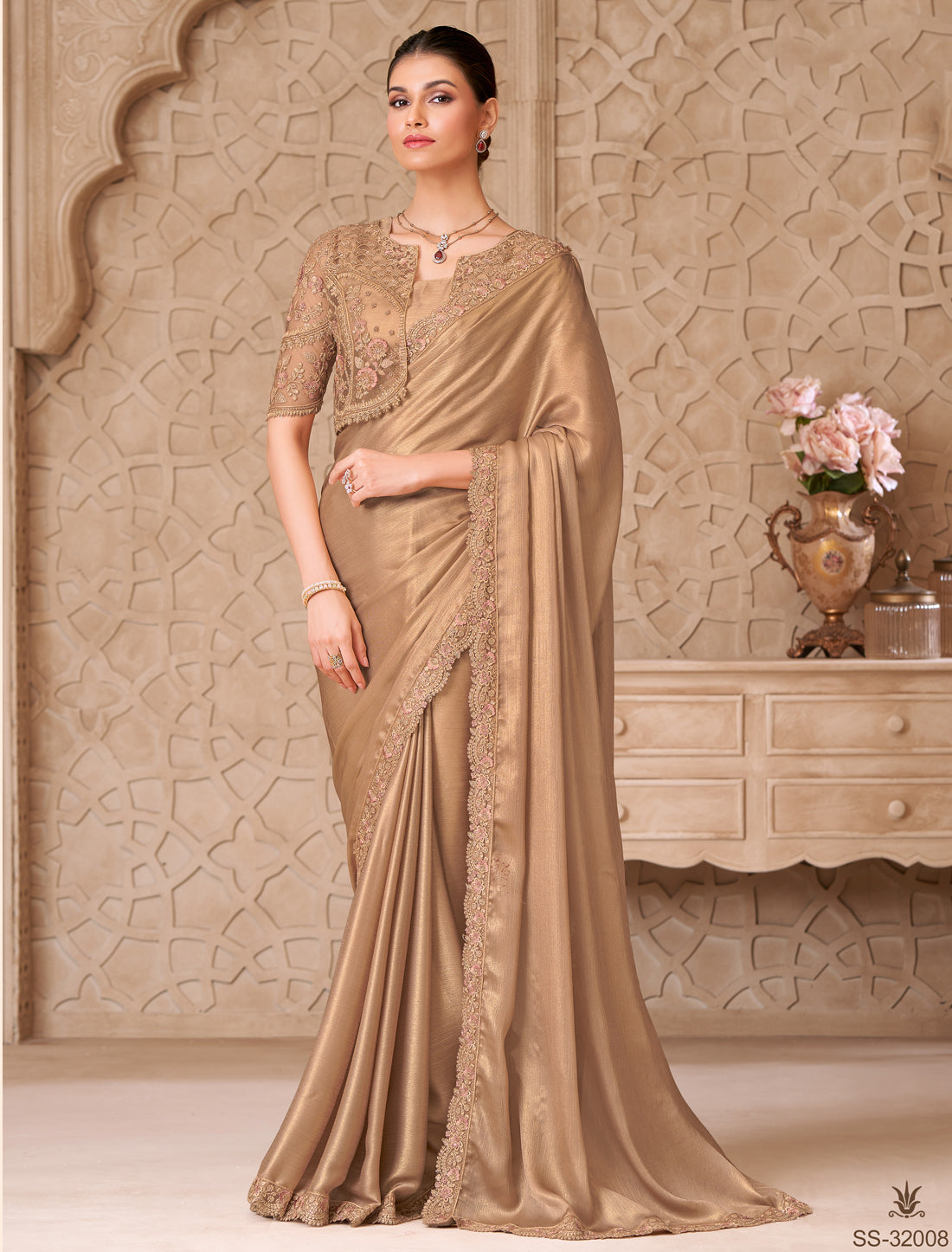 Beige Gold Shimmer Satin Georgette Party Wear Designer Saree