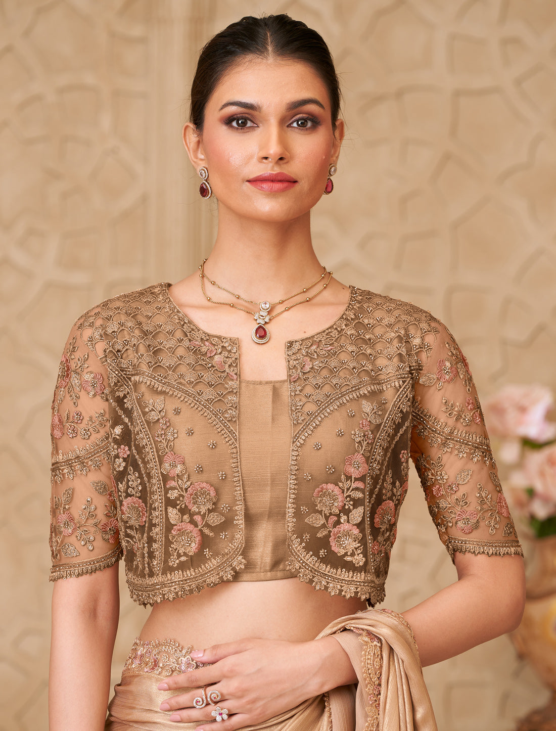 Beige Gold Shimmer Satin Georgette Party Wear Designer Saree
