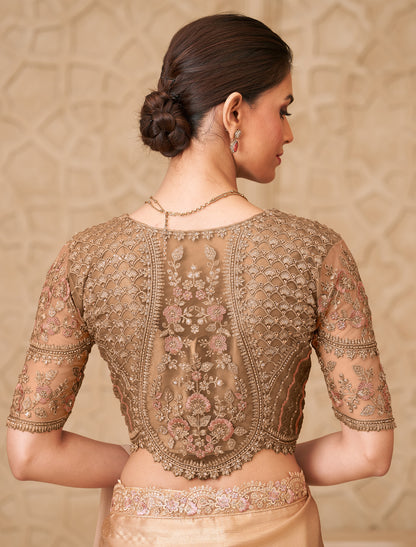 Beige Gold Shimmer Satin Georgette Party Wear Designer Saree