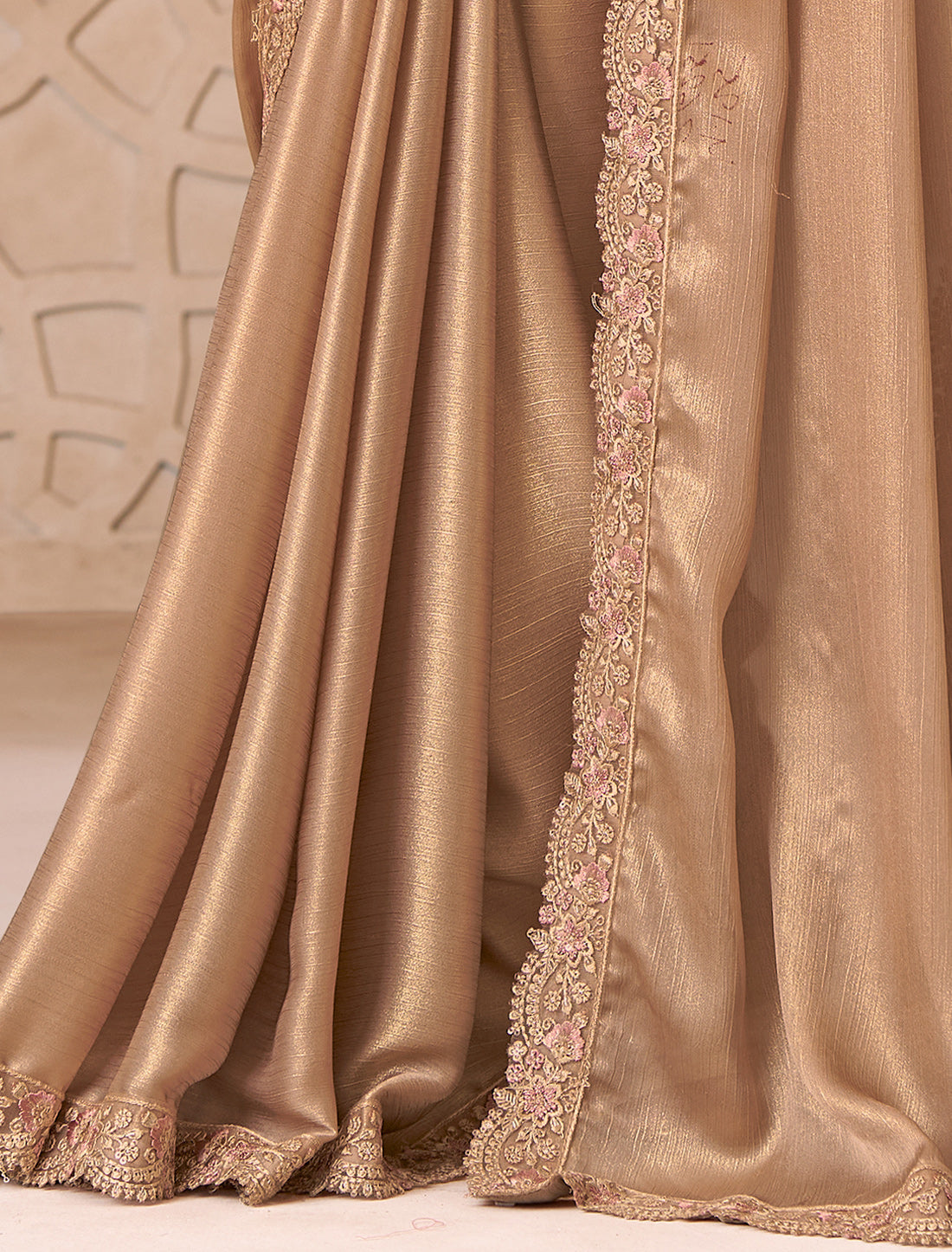 Beige Gold Shimmer Satin Georgette Party Wear Designer Saree