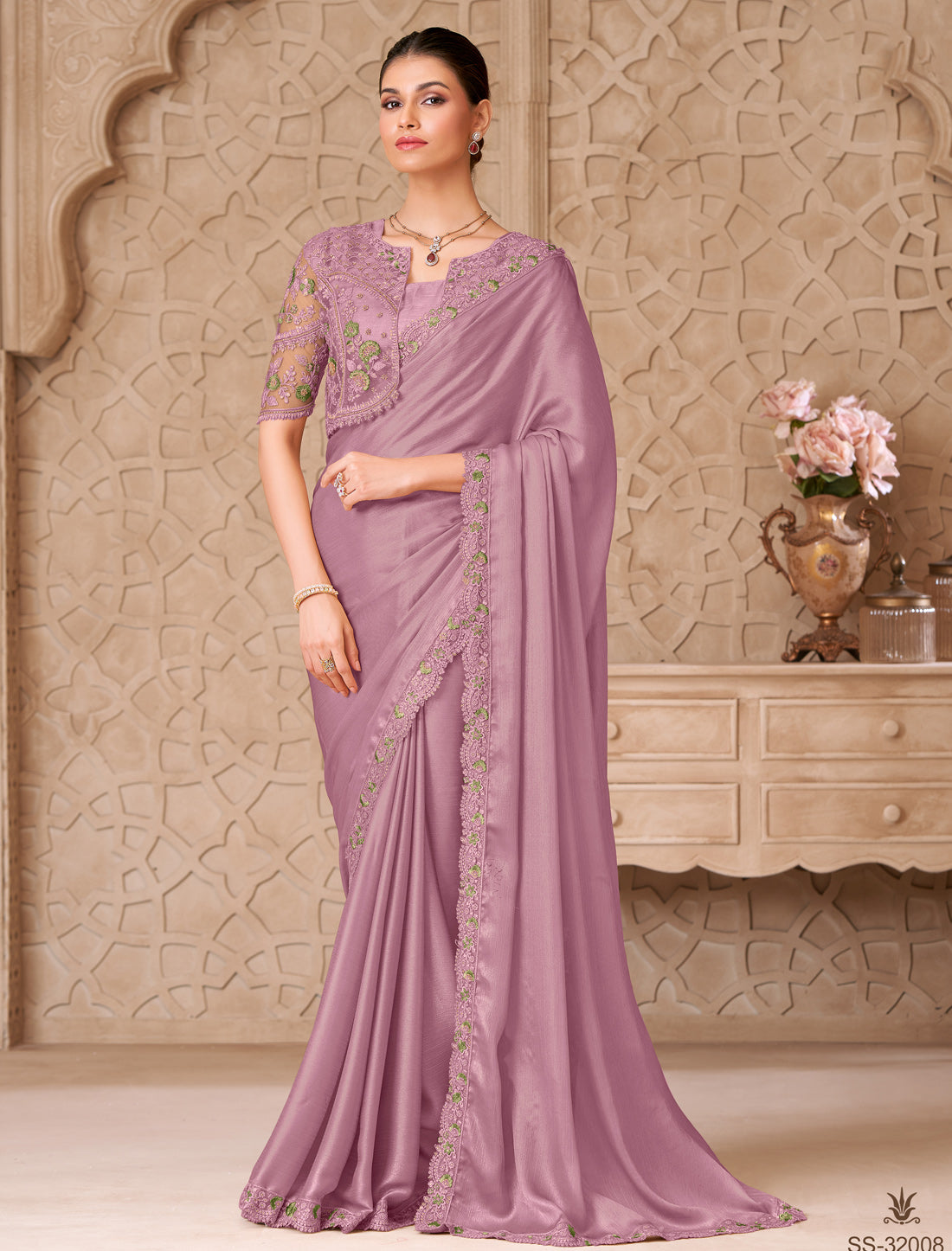 Purple Gold Shimmer Satin Georgette Party Wear Designer Saree