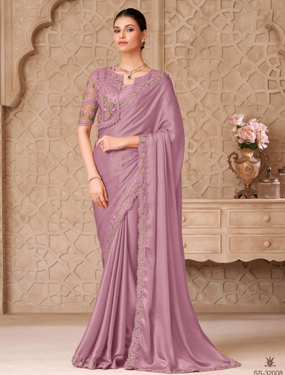 Purple Gold Shimmer Satin Georgette Party Wear Designer Saree
