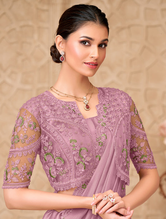 Purple Gold Shimmer Satin Georgette Party Wear Designer Saree