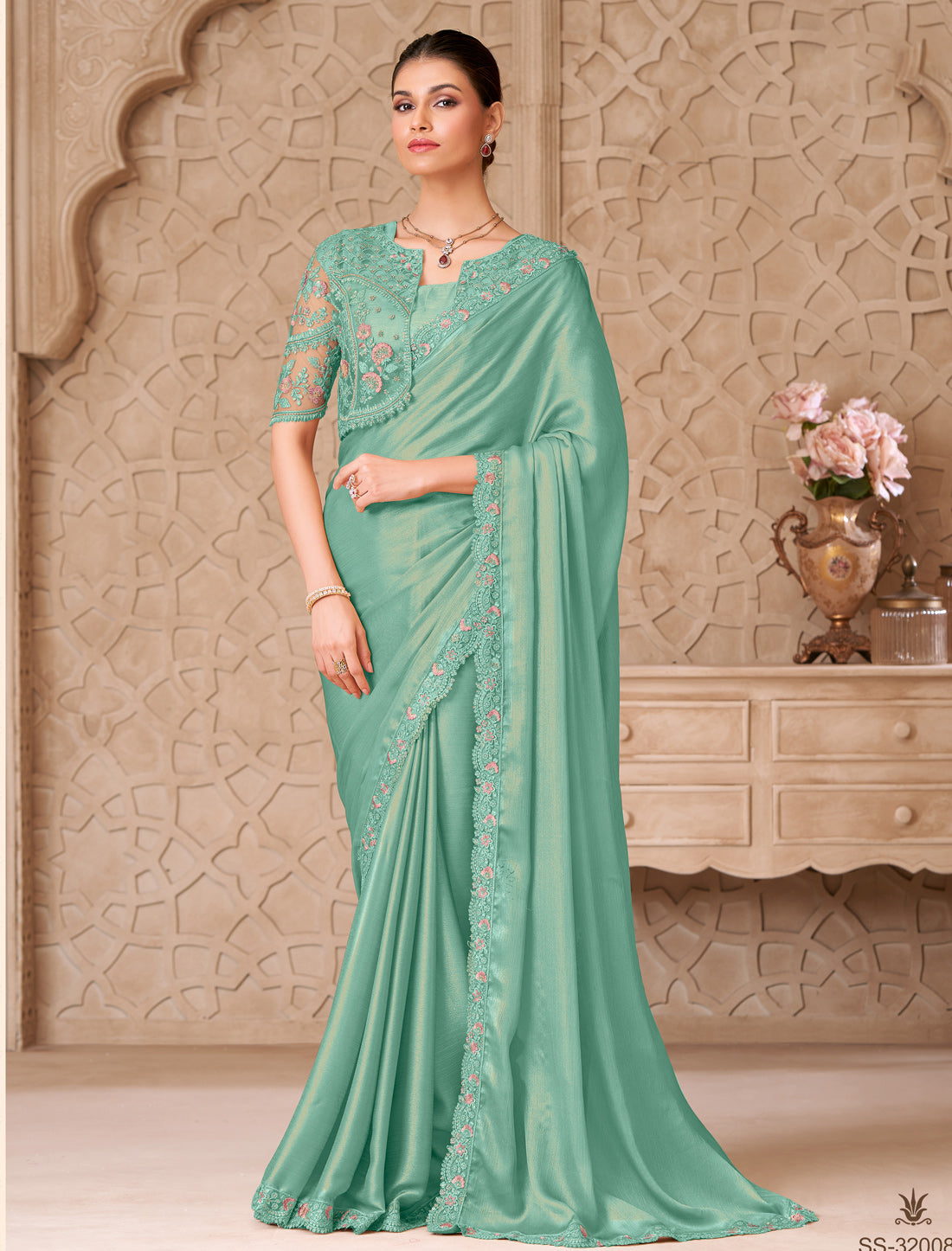 Mint Green Gold Shimmer Satin Georgette Party Wear Designer Saree