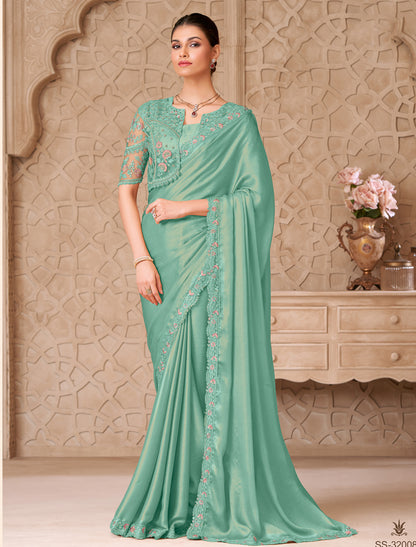 Mint Green Gold Shimmer Satin Georgette Party Wear Designer Saree