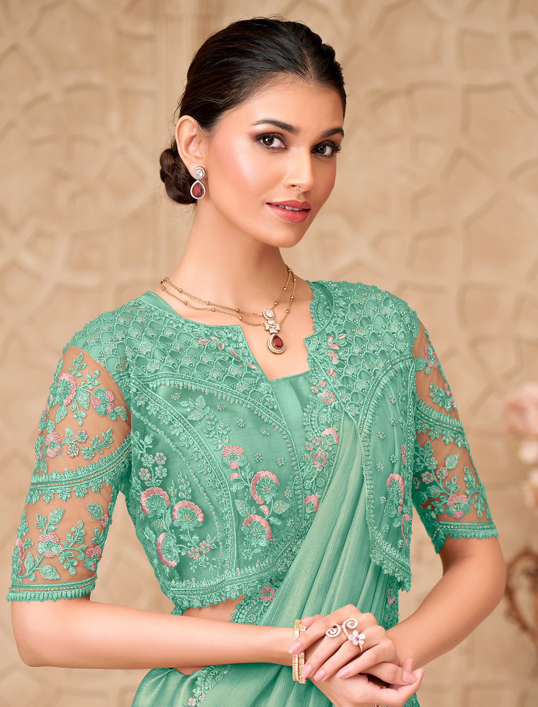 Mint Green Gold Shimmer Satin Georgette Party Wear Designer Saree