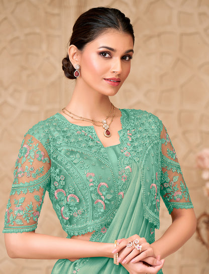 Mint Green Gold Shimmer Satin Georgette Party Wear Designer Saree