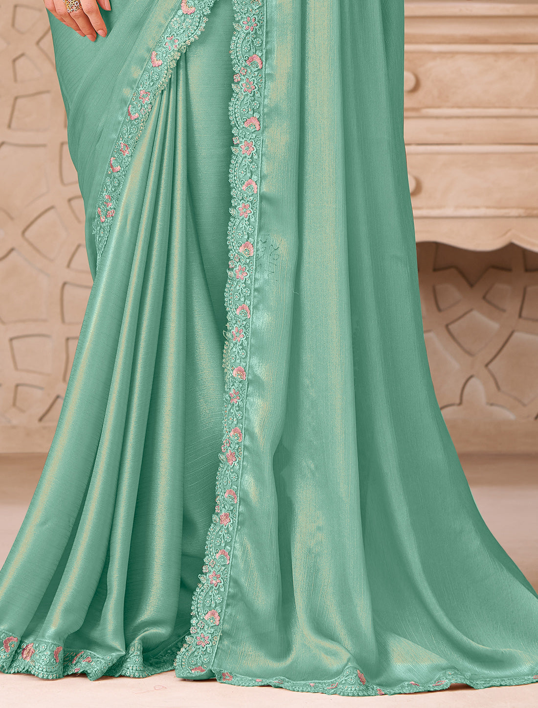 Mint Green Gold Shimmer Satin Georgette Party Wear Designer Saree