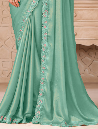Mint Green Gold Shimmer Satin Georgette Party Wear Designer Saree