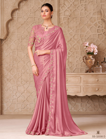 Dusty Rose Gold Shimmer Satin Georgette Designer Party Wear Saree