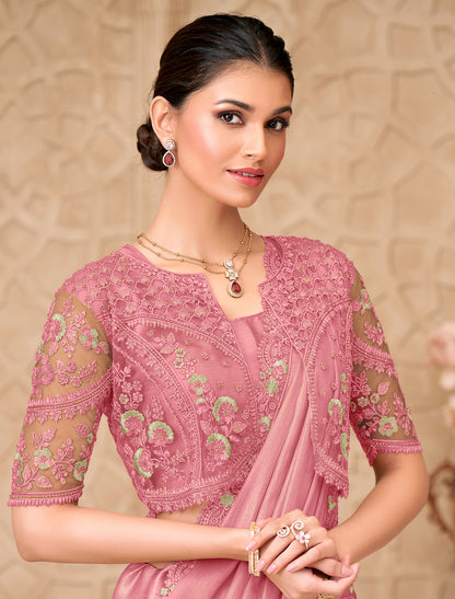 Dusty Rose Gold Shimmer Satin Georgette Designer Party Wear Saree