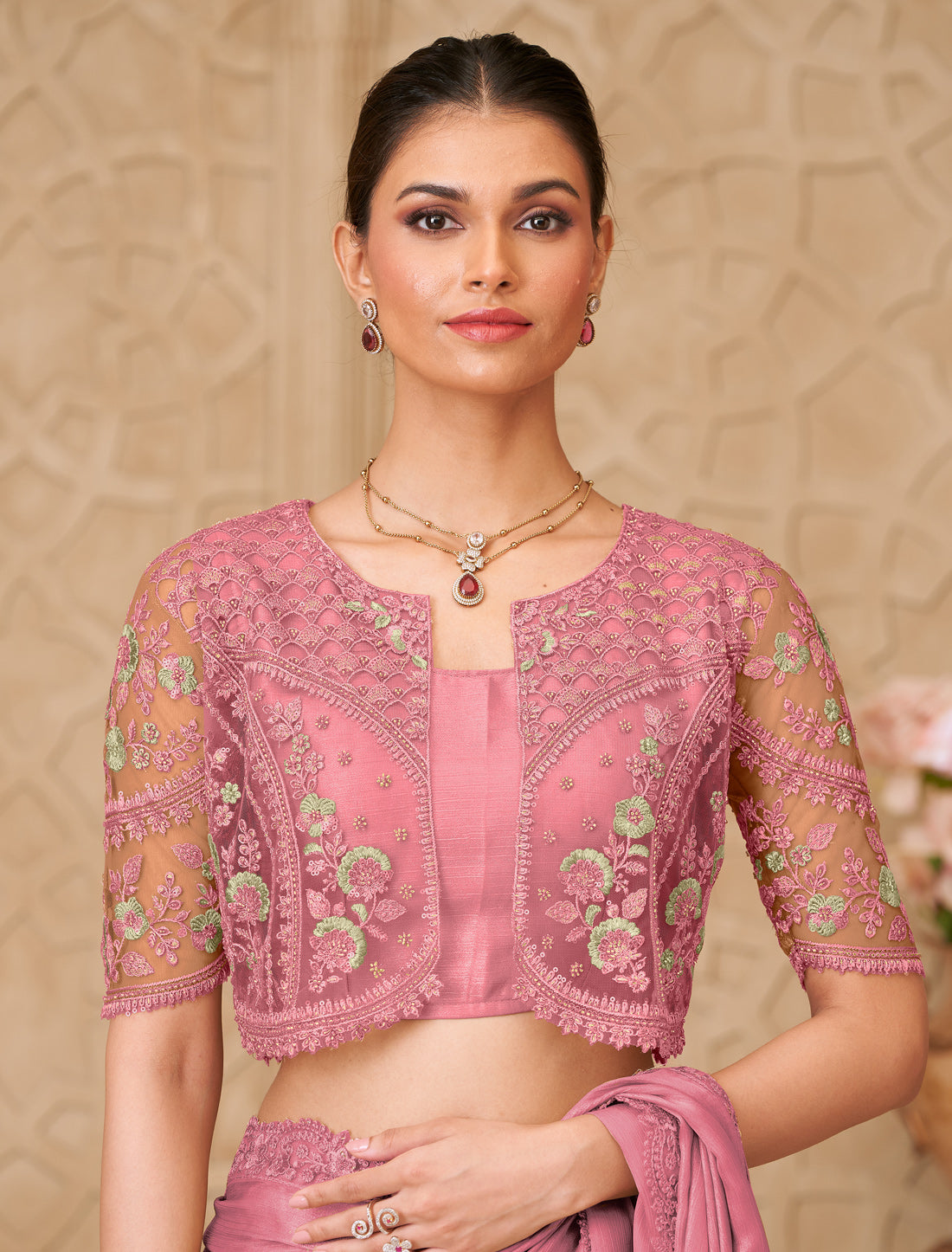 Dusty Rose Gold Shimmer Satin Georgette Designer Party Wear Saree
