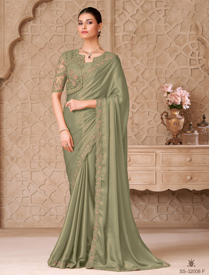 Olive Green Gold Shimmer Satin Party Wear Georgette Designer Saree
