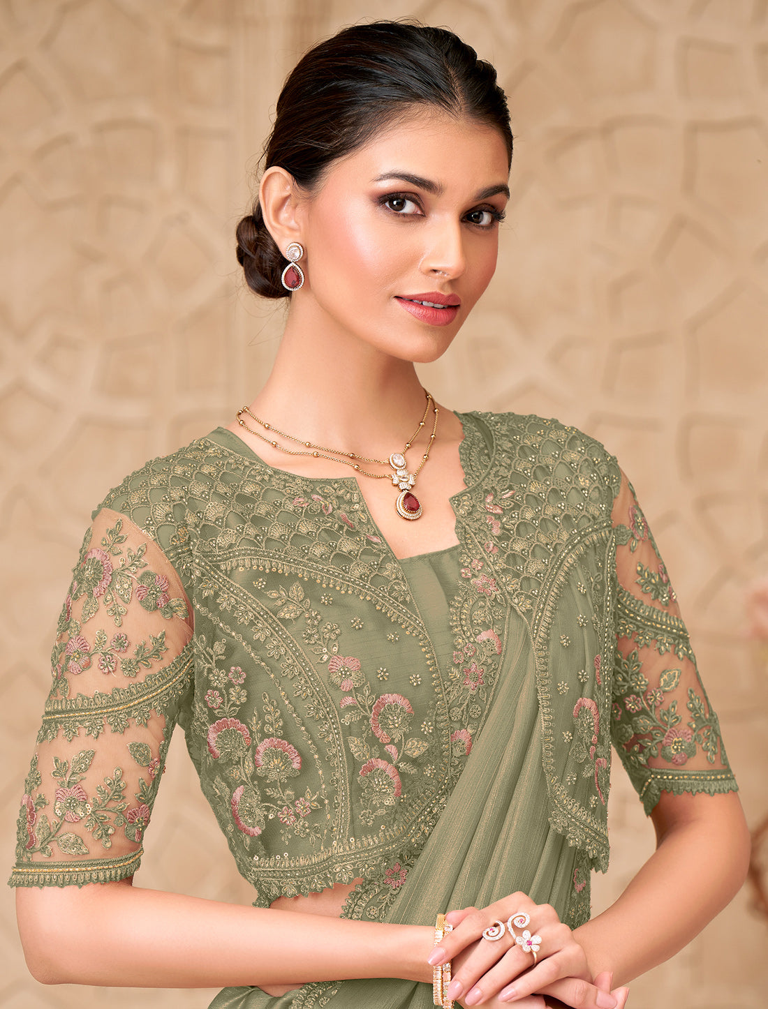 Olive Green Gold Shimmer Satin Party Wear Georgette Designer Saree