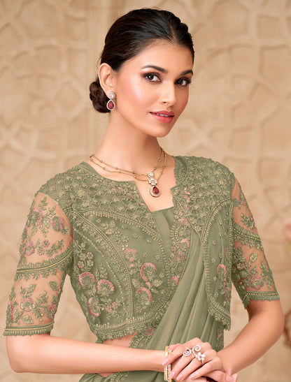 Olive Green Gold Shimmer Satin Party Wear Georgette Designer Saree