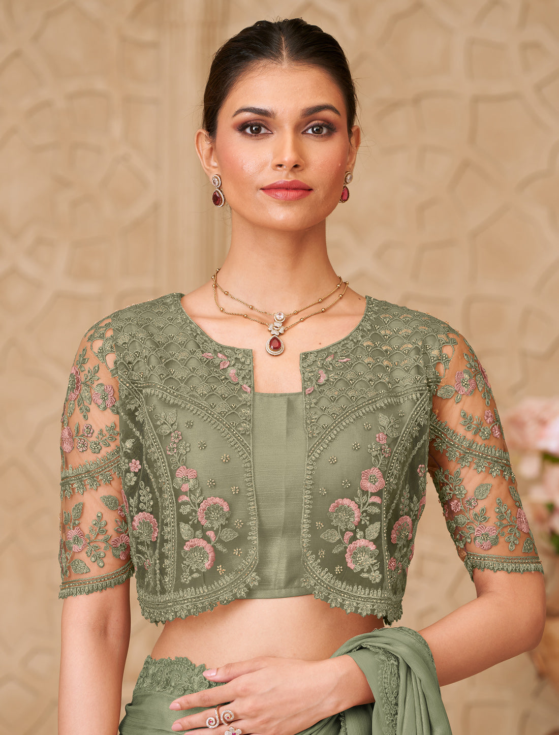 Olive Green Gold Shimmer Satin Party Wear Georgette Designer Saree