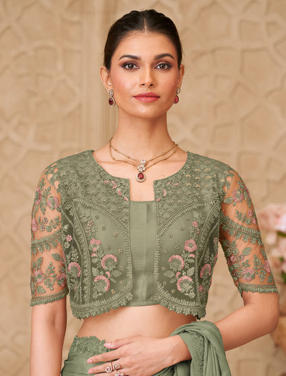 Olive Green Gold Shimmer Satin Party Wear Georgette Designer Saree