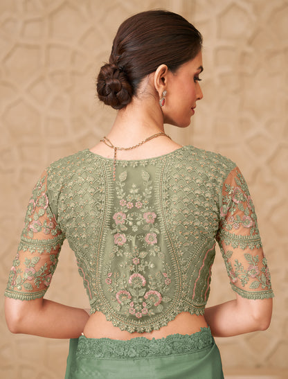 Olive Green Gold Shimmer Satin Party Wear Georgette Designer Saree
